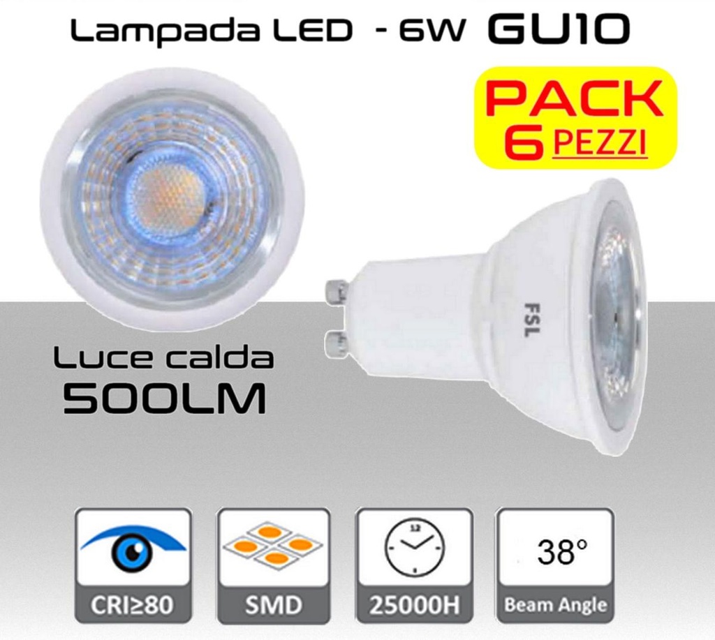 Faretto LED GU10 6W luce calda 500 lumen PACK 6 PZ 500 lumen